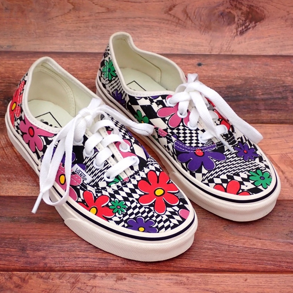Vans Low Top Floral Shoes Geometric Checker Purple Red Sneakers Women's 6.5
